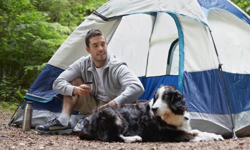 man sitting in front of tent with dog | 10 Tips for Your Dog’s First Camping Trip