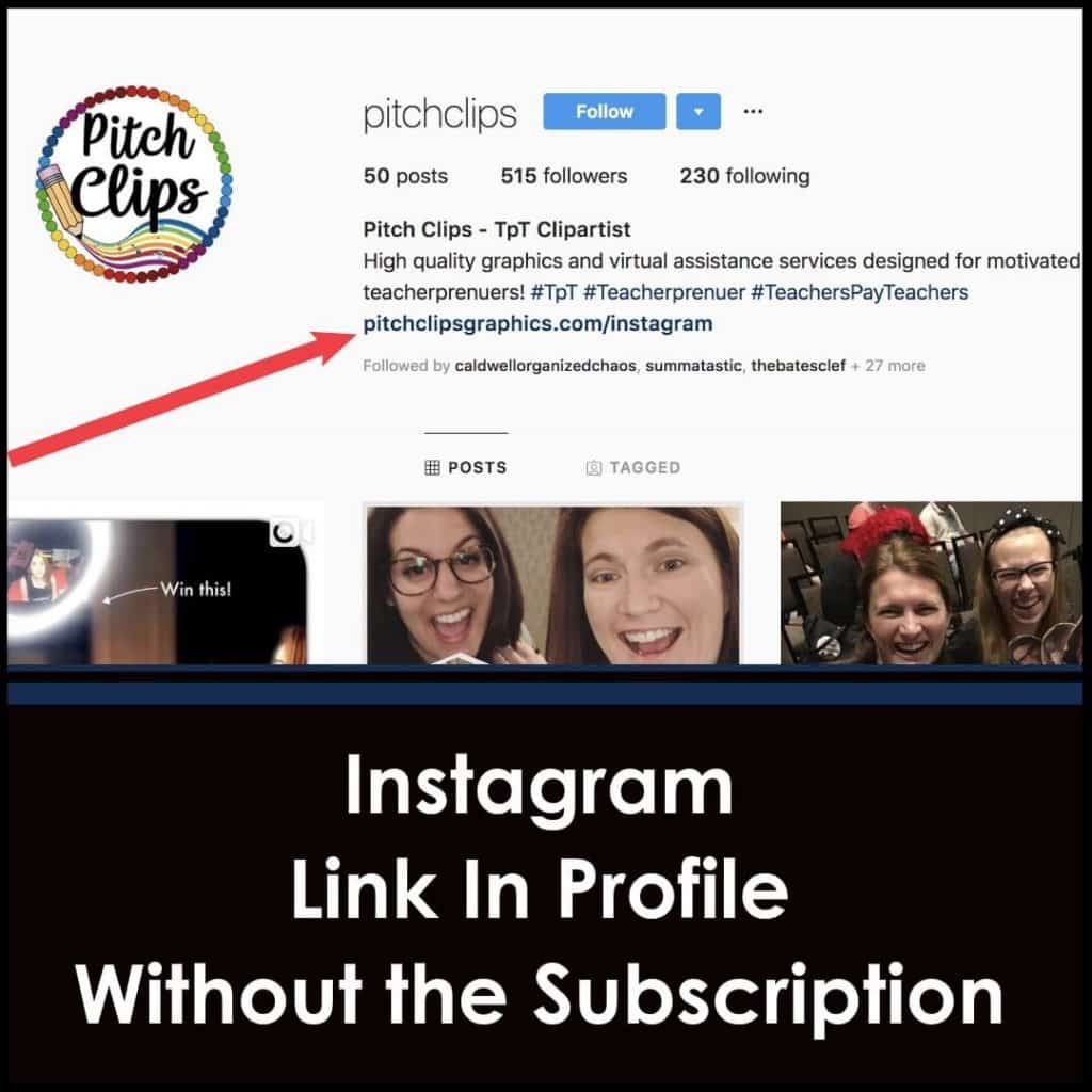 Screenshot of the Pitch Clips Instagram profile showing the handle "pitchclips", follower count, and description. Below is a message directing to the Instagram link in profile without a subscription.