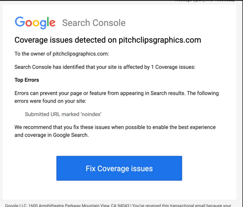 Google Search Console notification shows coverage issues for shelleyweb.com, stating a URL is marked 'noindex', with a blue "Fix Coverage issues" button.