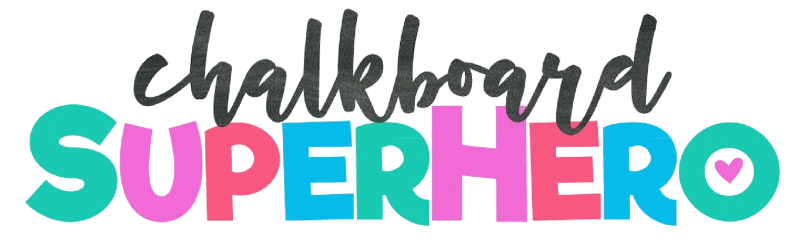 Chalkboard-inspired text logo that reads "chalkboard SUPERHERO" in colorful, bold letters, with a heart symbol inside the "O" in "HERO.
