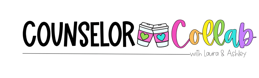 The image shows the text "Counselor Collab with Laura & Ashley" with two illustrated coffee cups and a colorful, playful font for "Collab," highlighting counselor collaboration and support for mental health.