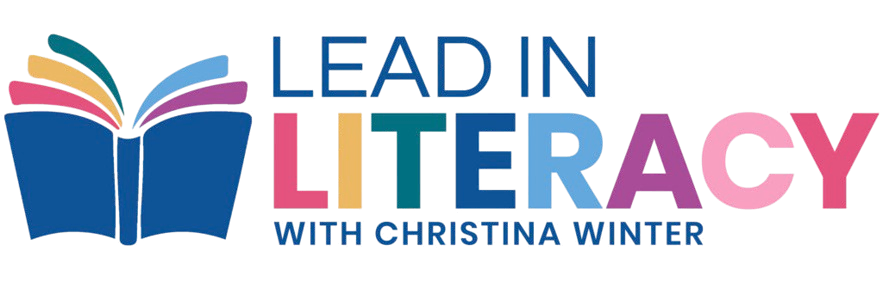 Logo with an open book graphic and the text "Lead in Literacy with Christina Winter," with "LITERACY" in multicolored letters.