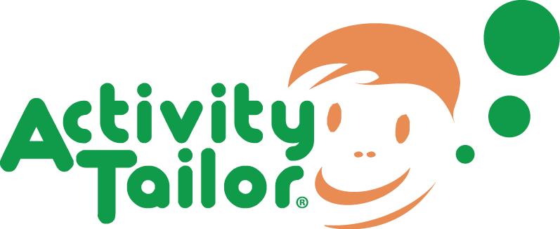 The Activity Tailor logo features green text, an orange stylized face with hair, and two green dots on a white background, perfectly representing the Activity Tailor brand.
