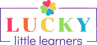 Logo with the word "LUCKY" in colorful letters, a four-leaf clover above, and "little learners" in purple text below.