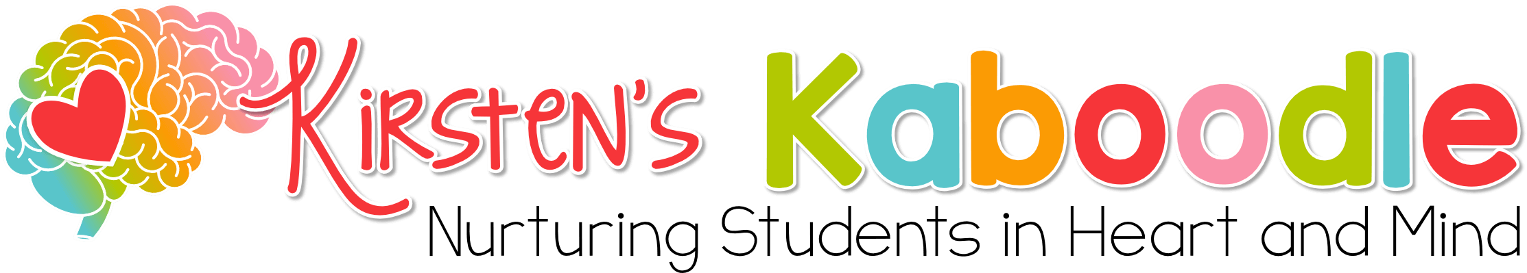 Logo with a colorful brain and heart graphic on the left, capturing the creative spirit of Kirsten's Kaboodle, and playful, multicolored “Kirsten’s Kaboodle” text on a sleek black background.