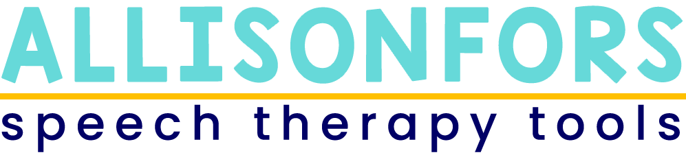 Logo with the text “ALLISONFORS Inc.” in large teal letters above a yellow line, and “speech therapy tools” in smaller dark blue letters below.