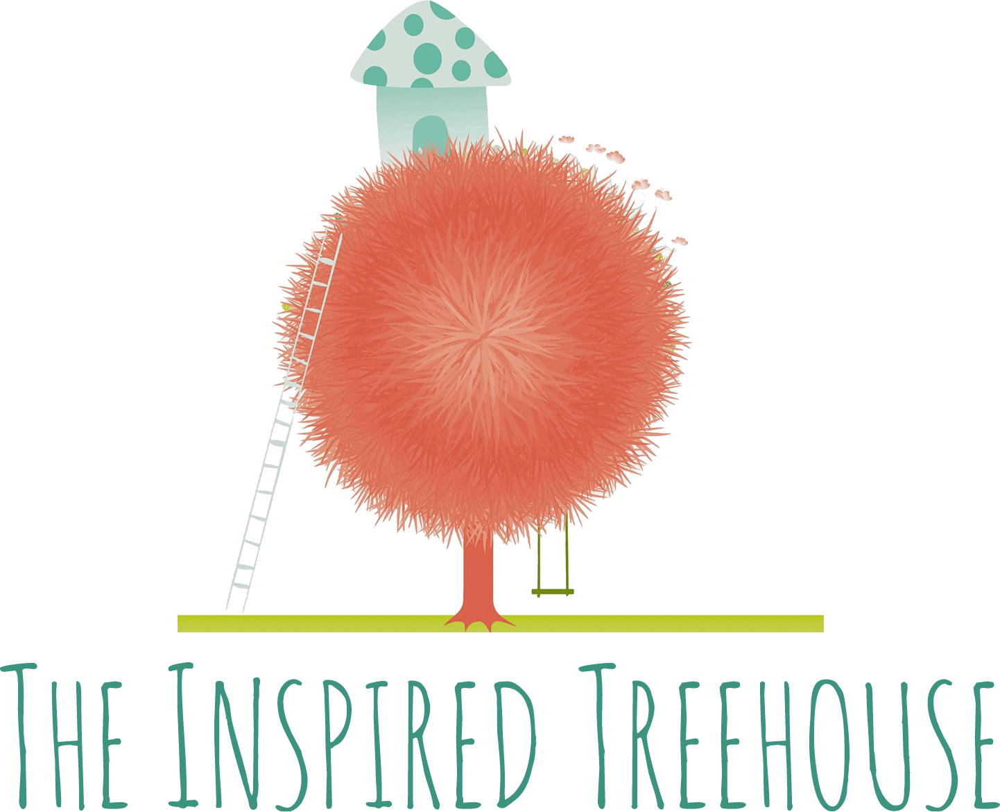 Illustration of a fuzzy orange tree with a treehouse, ladder, swing, and falling leaves above the text "The Inspired Treehouse," capturing the joy of child development and sensory play.