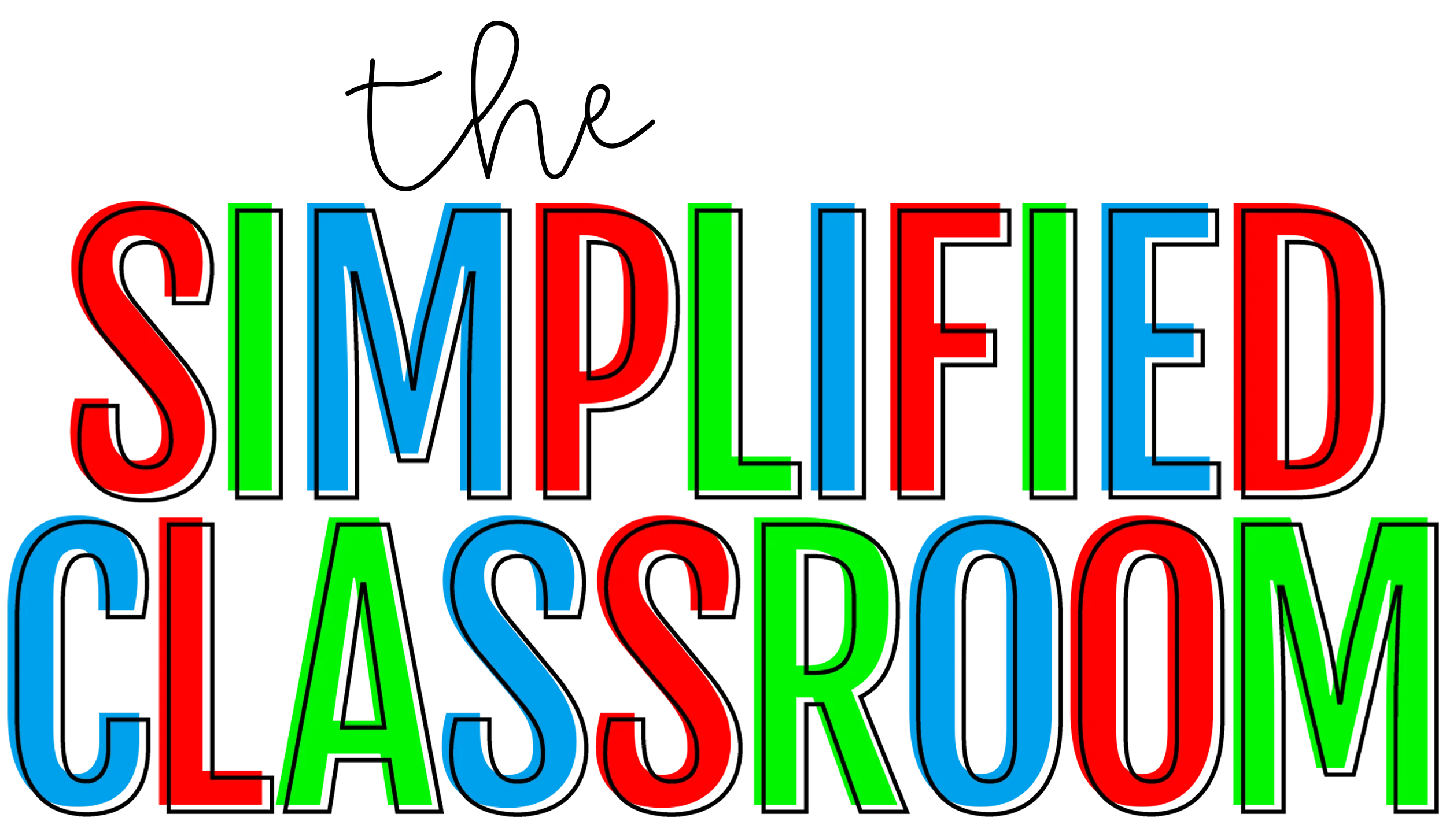 Text logo reading "Simplified Classroom" in bold, uppercase letters; “Simplified” is red and blue, and “Classroom” is blue and green, reflecting a focus on teaching resources—all on a transparent background.