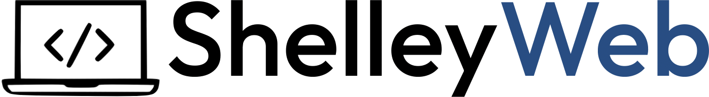 ShelleyWeb logo with a laptop icon displaying code brackets, followed by the text "ShelleyWeb," with "Web" in blue and the rest in black.