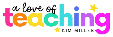 The image showcases the phrase "Love of Teaching" in colorful, playful letters with two yellow stars, and "Kim Miller" written below.