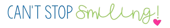 Text graphic reads "CAN'T STOP SMILING!" with "Smiling!" in green cursive, a pink heart at the end, and an Elementary vibe.