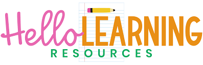 Logo with the text "Hello LEARNING RESOURCES," featuring a pencil and lined paper background behind the word "LEARNING.