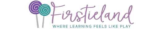 Logo with two lollipops and the text “Firstieland” in cursive, followed by the tagline “Where learning feels like play” in all caps below.