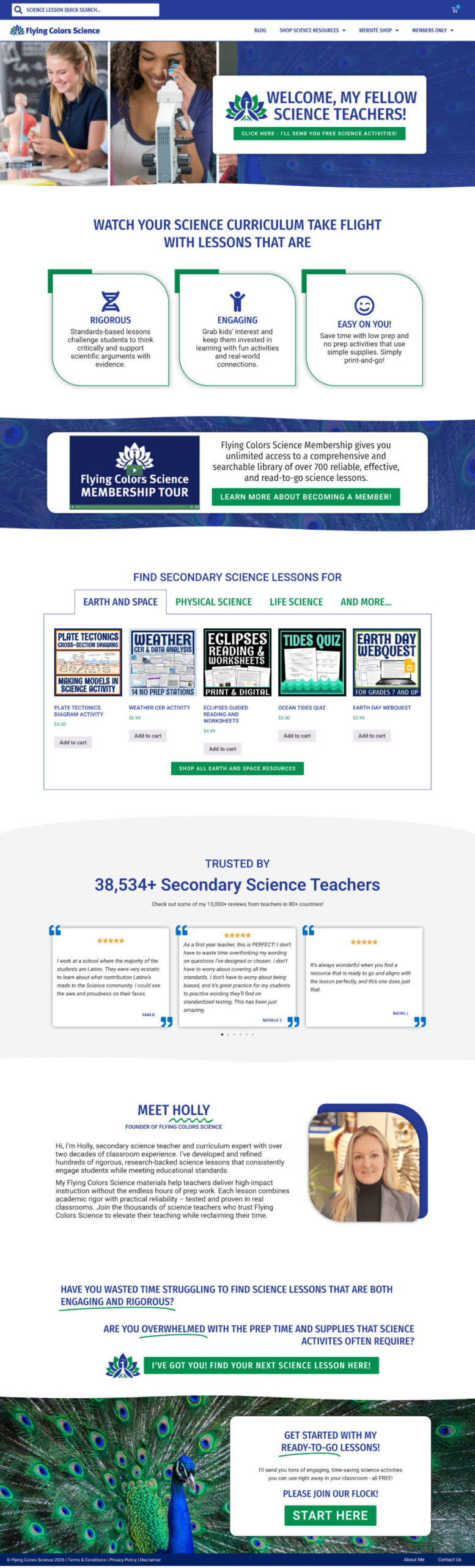 A website homepage for science teachers featuring Flying Colors Science curriculum resources, member testimonials, science lesson categories, and an introduction to the creator, Holly.