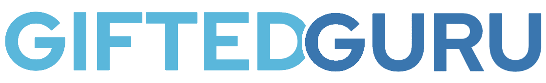 The image displays the text "GIFTEDGURU" in uppercase blue gradient letters on a light gray background.