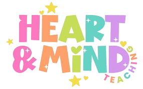 Colorful text reading “HEART & MIND TEACHING” with stars and heart decorations on a white background, highlighting the importance of emotional intelligence in teaching methods.