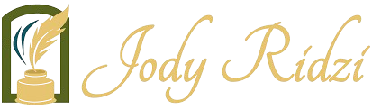 Logo with a gold quill and inkwell inside a green frame on the left, and the name "Jody Ridzi" in cursive gold lettering to the right.