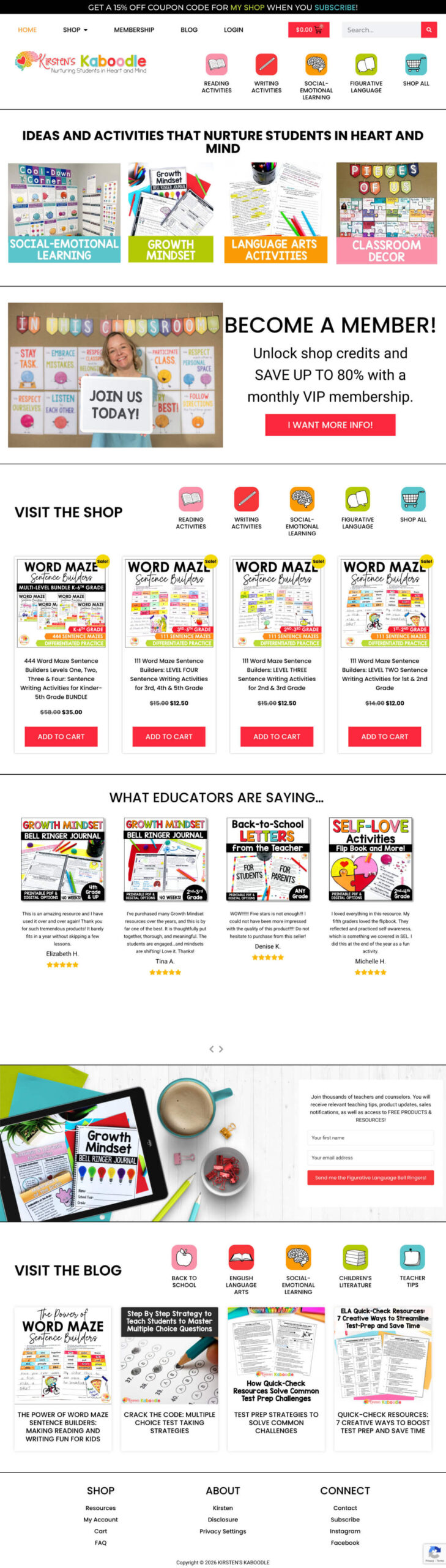 Screenshot of Kirsten's Kaboodle, a colorful educational website featuring teaching resources, printable activities, a membership offer, product listings, educator testimonials, and blog posts for teachers.