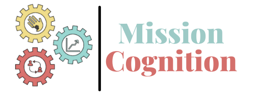 Three illustrated gears featuring icons of a hand, a growth chart, and people sit beside the bold text "Mission Cognition," united by a vertical line to visually represent the Mission Cognition initiative.