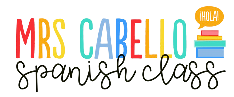 Colorful text reads "Mrs Cabello Spanish class" with a stack of books and a speech bubble saying "¡HOLA!" on a white background.