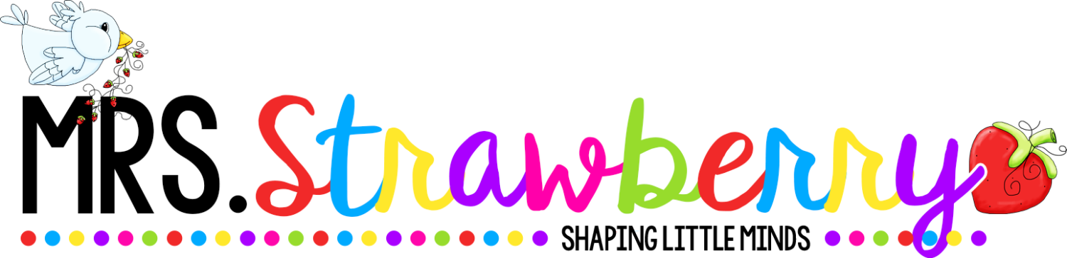 Banner featuring "Mrs. Strawberry" in colorful letters, a bird holding berries on the left, a strawberry on the right, and "Shaping Little Minds" below with a row of bright dots—perfect for Mrs. Strawberry’s classroom décor.
