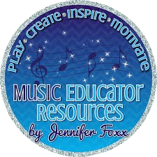 A circular logo with musical notes, stars, and text: "PLAY. CREATE. INSPIRE. MOTIVATE. MUSIC EDUCATOR RESOURCES by Jennifer Foxx" on a blue background, perfect for music educators seeking creative music education resources.