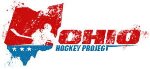 Logo with a red outline of Ohio and a paw print, featuring "OHIO" in bold red letters, with "Ohio Hockey Project" in smaller blue text below.