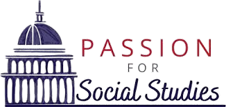 Illustration of a domed building next to the text "Passion for Social Studies," with "Passion" in red and "for Social Studies" in blue, celebrating Social Studies education.