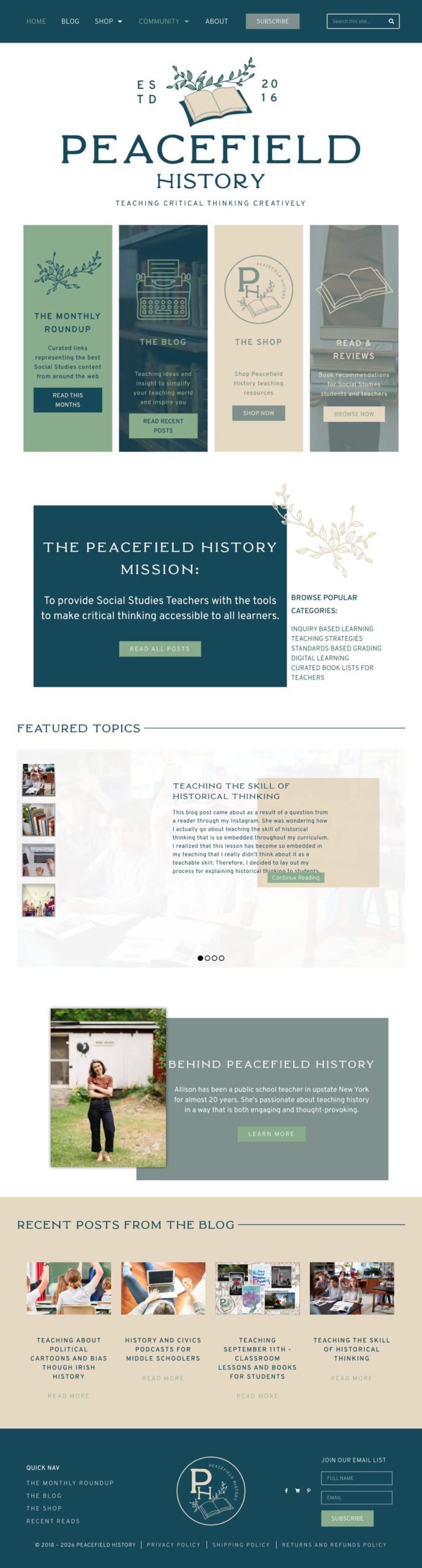 Screenshot of the Peacefield History website homepage featuring history educational resources, blog posts, shop links, and a mission statement for teaching critical thinking creatively.