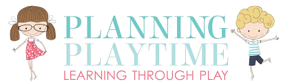 Illustration of a girl and a boy next to the words "Planning Playtime: Learning Through Play" in a playful font, capturing the joy of discovering new things together through Planning Playtime.