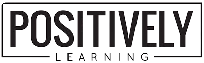 Black text logo reads "Positively Learning," with the words "POSITIVELY" in large, bold capitals and "LEARNING" in smaller letters below, all enclosed within a sleek rectangular border. The design highlights the Positively Learning brand.