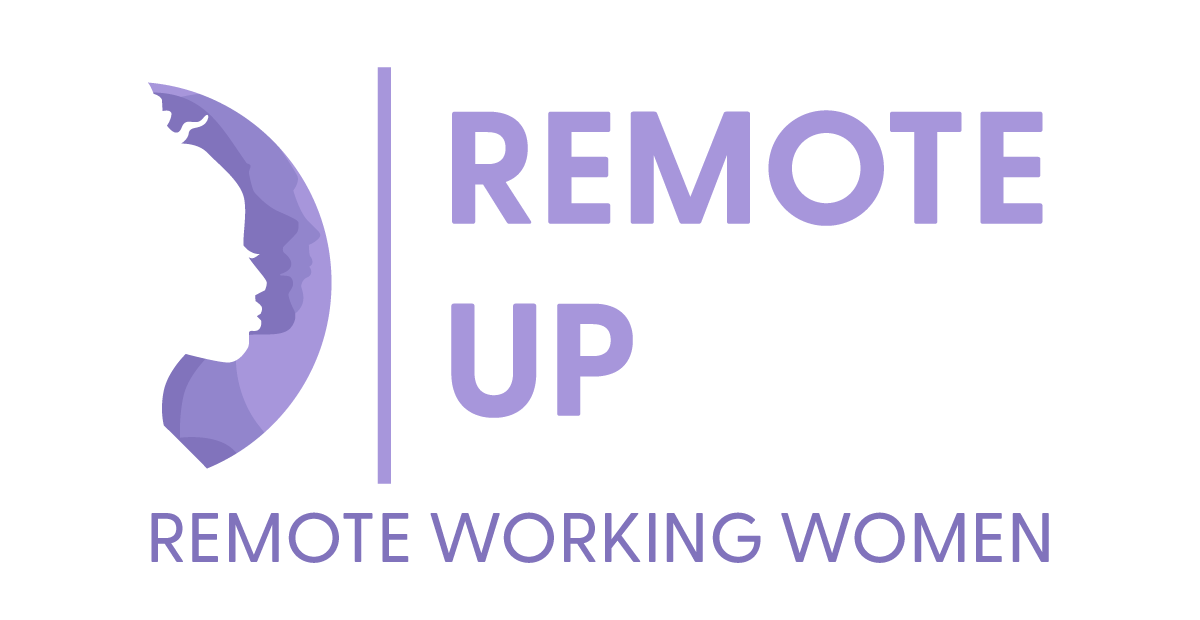 Logo with a purple silhouette of a woman's profile beside the words "REMOTE UP REMOTE WORKING WOMEN" in bold purple text on a light background.