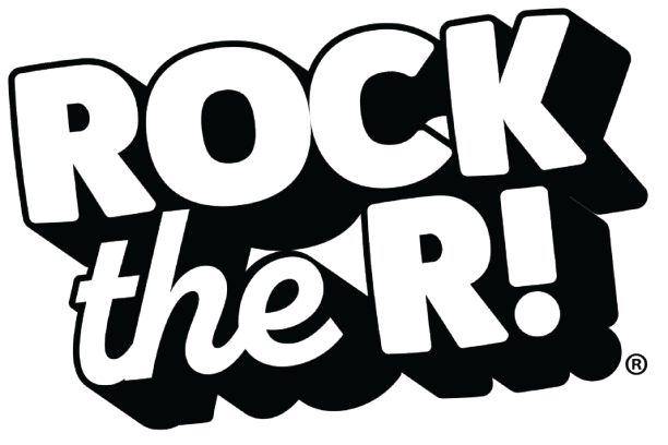 Bold black and white graphic text reads "ROCK the R!" with the words layered and overlapping in an energetic style.