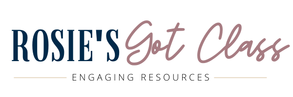 Logo for "Rosie's Got Class" featuring the tagline "Engaging Resources" in a stylish blend of bold and script fonts on a light background, capturing the inviting spirit of Rosie's Got Class.