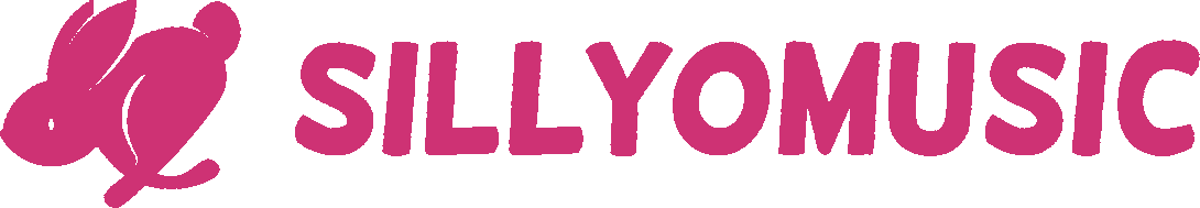 Pink silhouette of a rabbit next to the word "SILLYOMUSIC" in bold, uppercase pink letters on a light background.