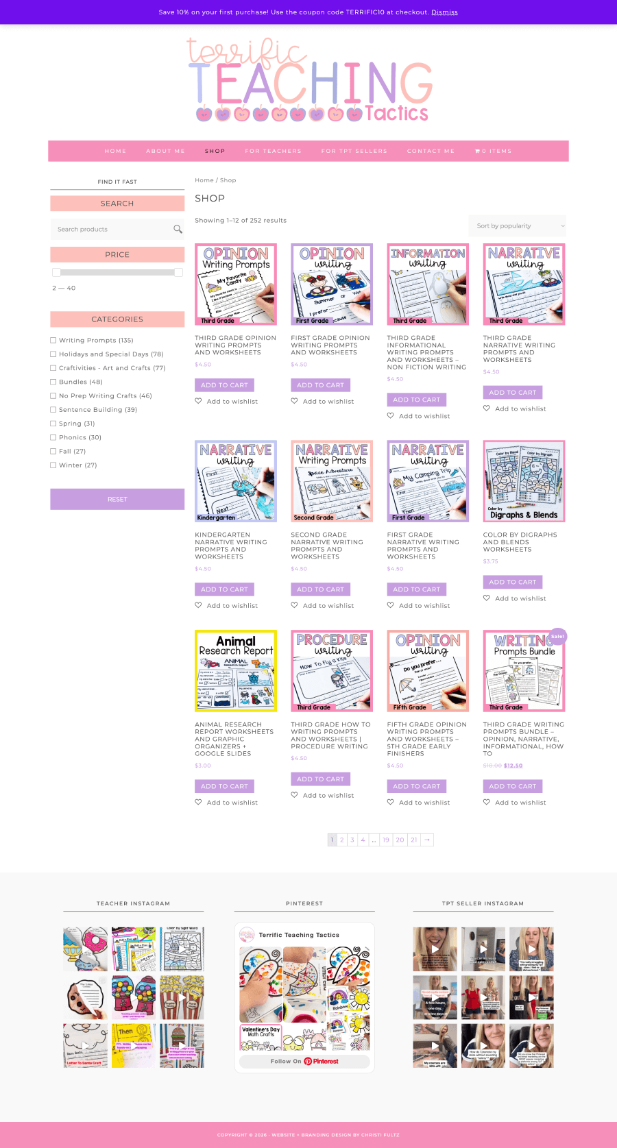 Screenshot of a teaching resource website shop page with product images, prices, categories on the left, and teaching tactic materials listed for purchase in a grid layout.