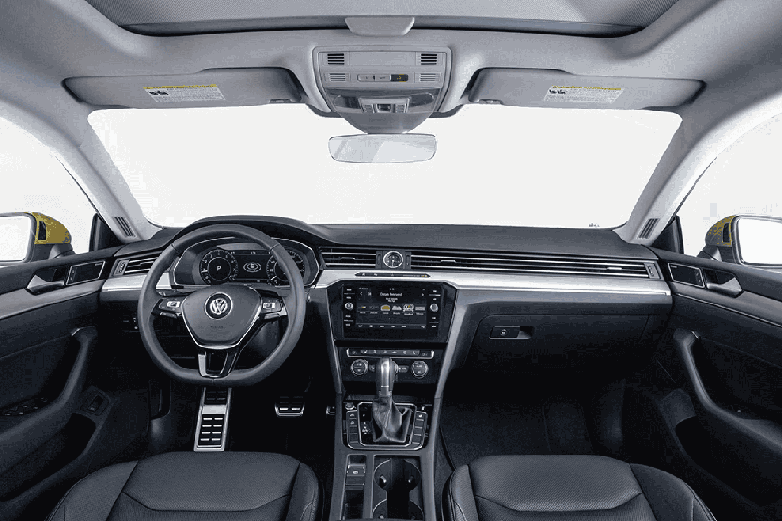 Interior dashboard and steering wheel of Volkswagen CC 2019 with premium materials.