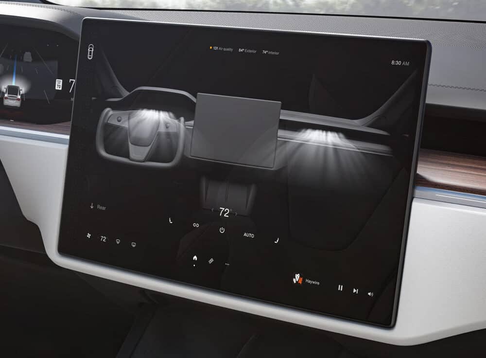 Tesla Model-X interior upgrade kit with sleek dashboard and touchscreen enhancements.