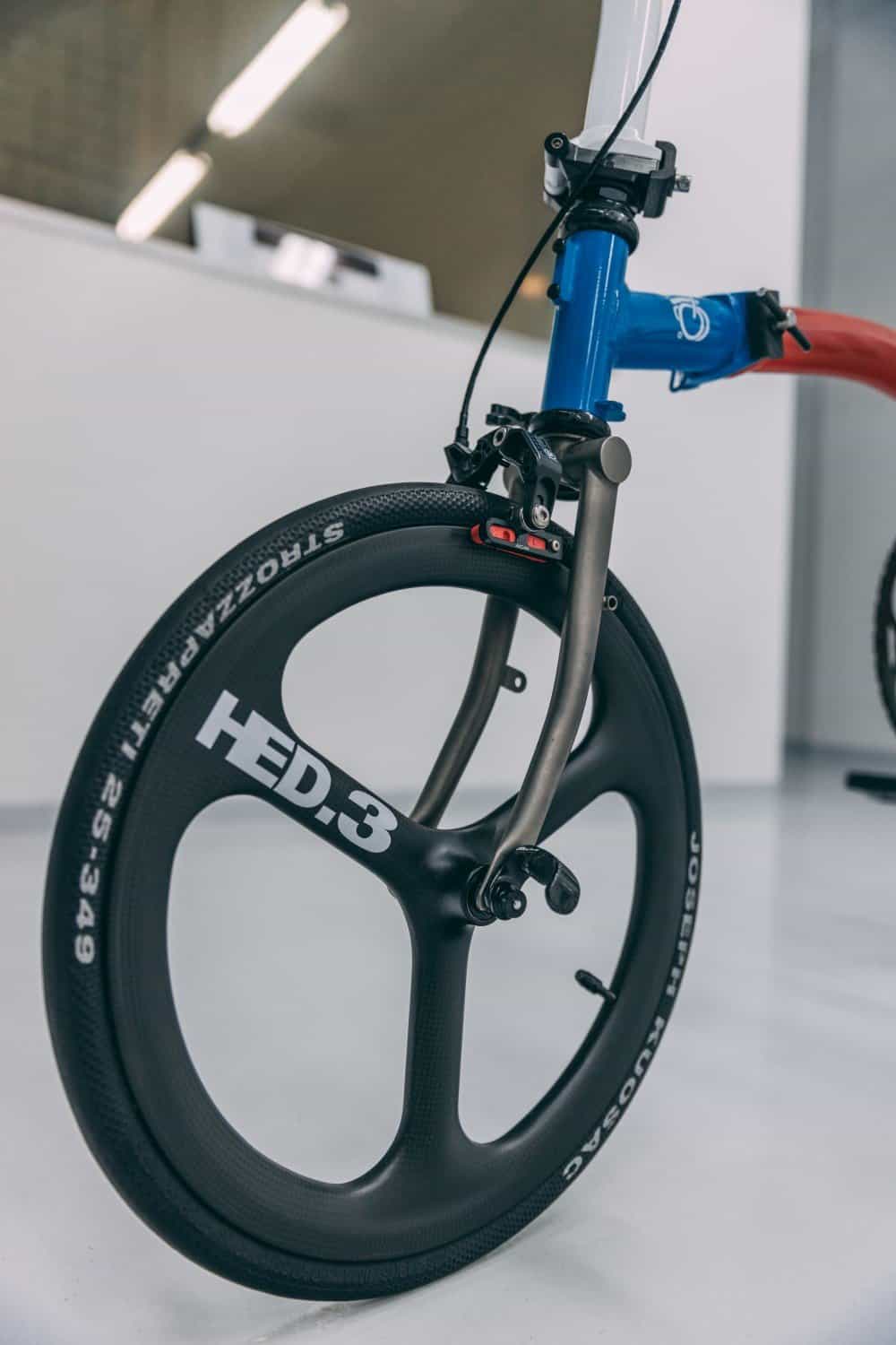 Brompton bike with paint protection film installed on frame and fork.