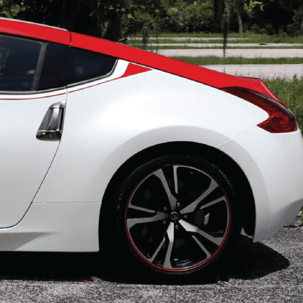 Impact area of Nissan 370Z coupe rear wheel damage.