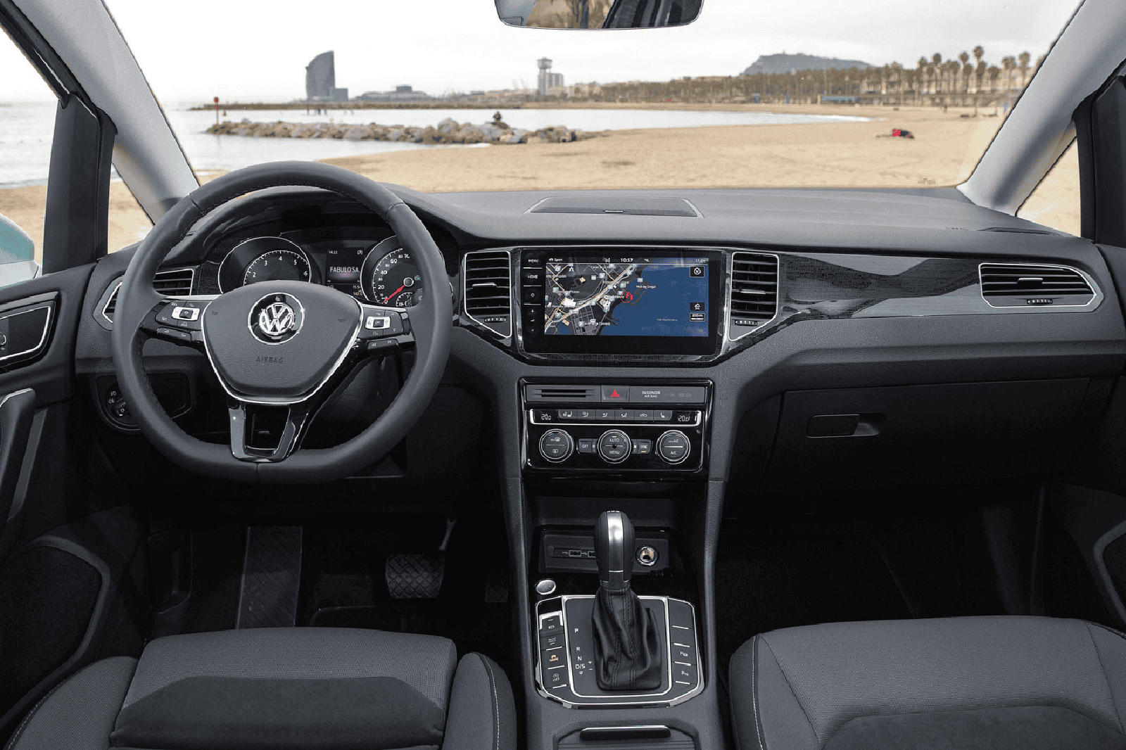 Interior dashboard and infotainment system of Volkswagen Golf Sportsvan 2018-2019.