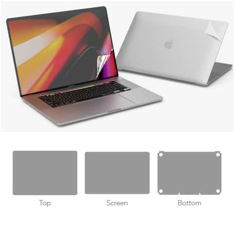 Clear protective film for MacBook screen and body, easy to apply.