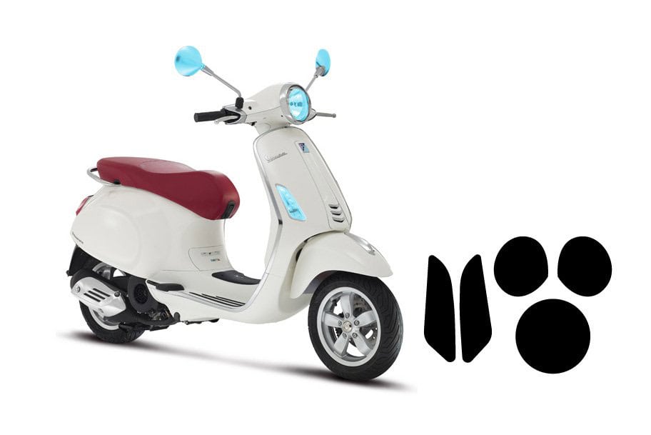 Protection film kit for Vespa front lights and side mirrors.