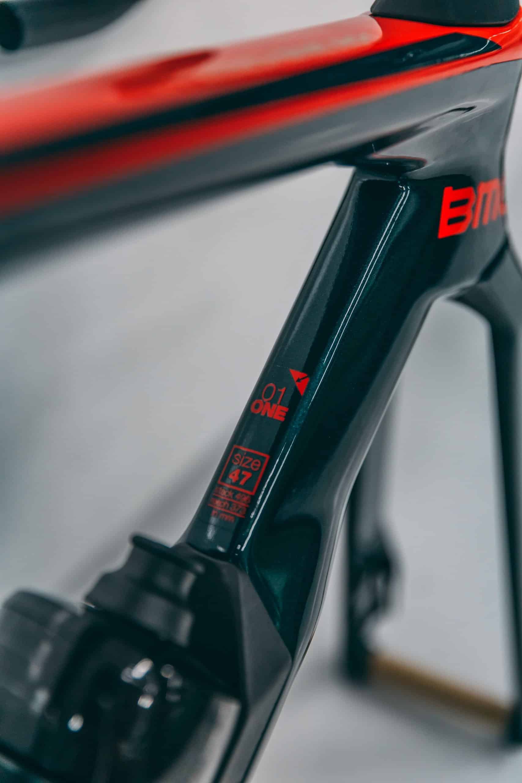 Close-up of BMC Timemachine bike frame with paint protection film kit.