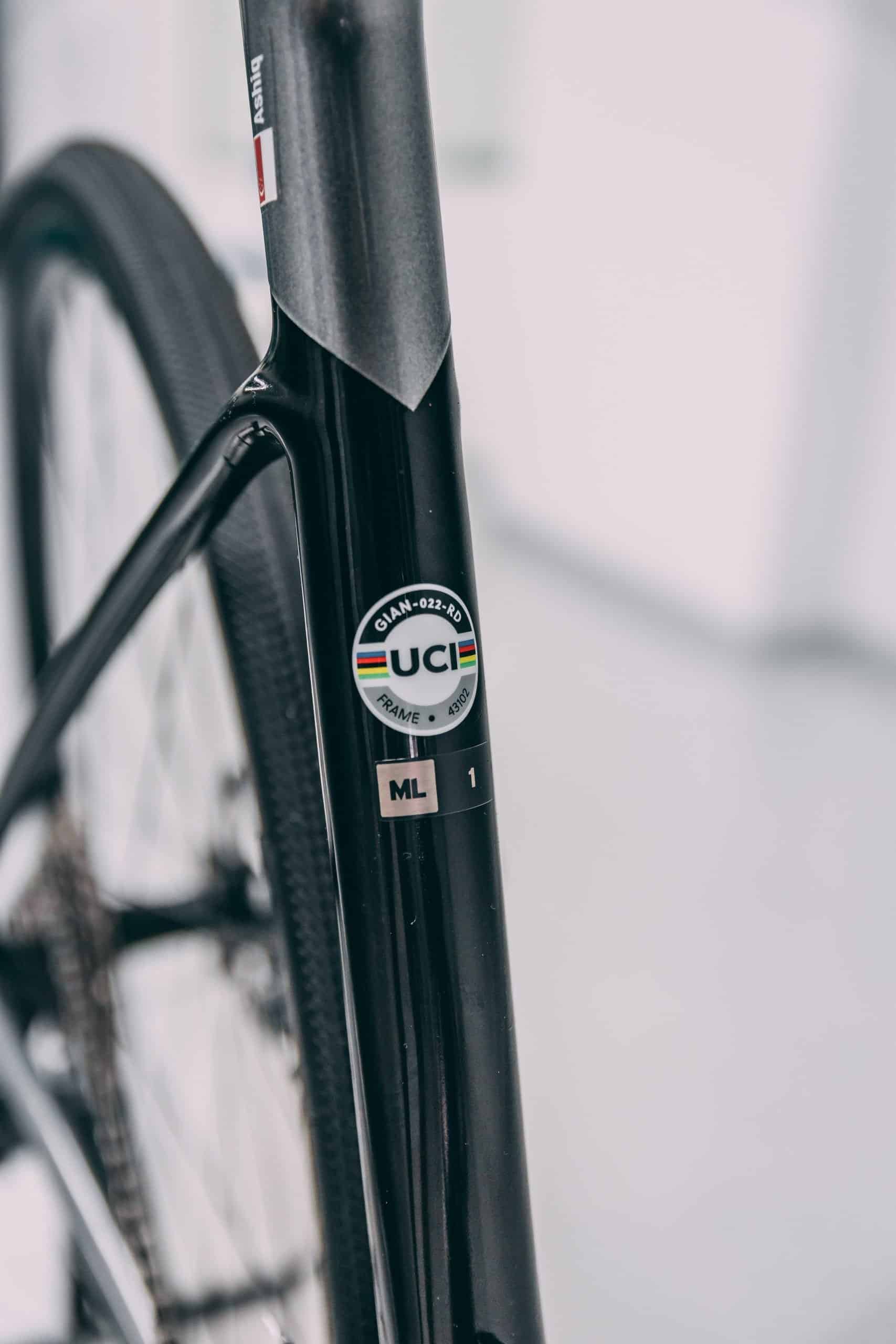 Close-up of Giant Defy bike frame with protective film applied.