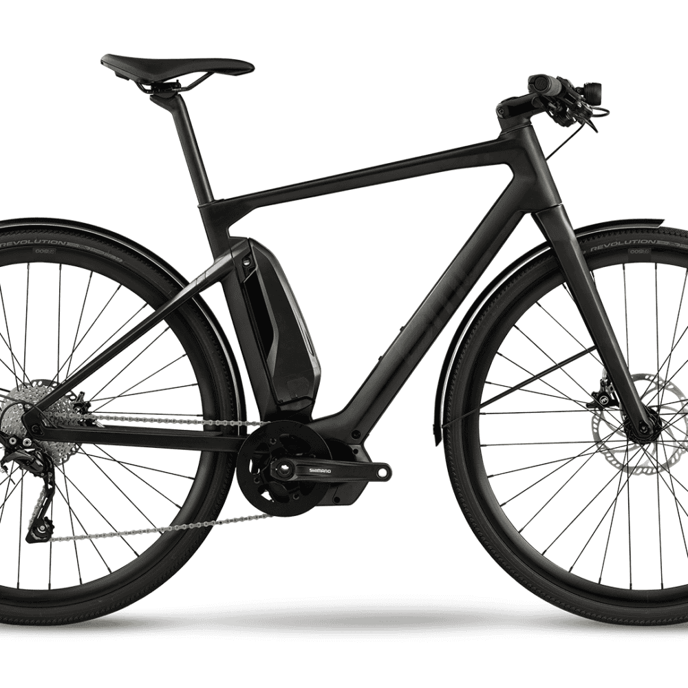 Black electric mountain bike with front suspension and battery pack, ideal for commuting and outdoor.