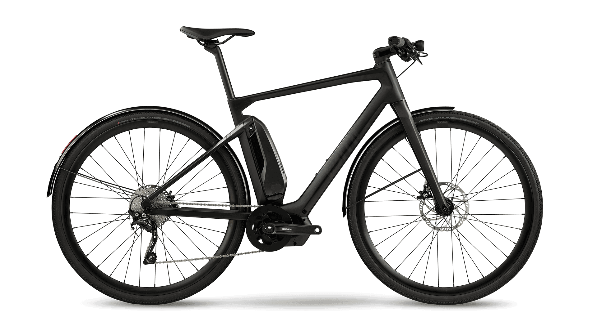 Black electric mountain bike with front suspension and battery pack, ideal for commuting and outdoor.