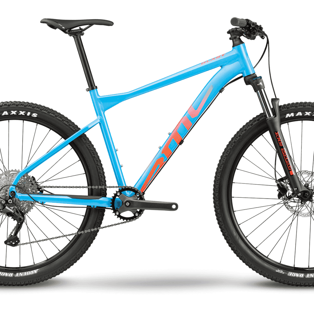 Blue Rikecool mountain bike with front suspension and disc brakes.
