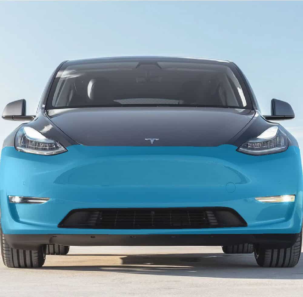 Modern blue Tesla Model 3 electric vehicle front view.