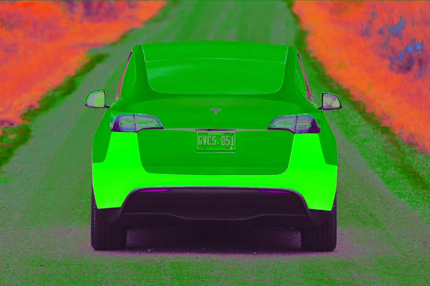 Tesla Model Y electric vehicle on a scenic rural road, showcasing eco-friendly transportation.